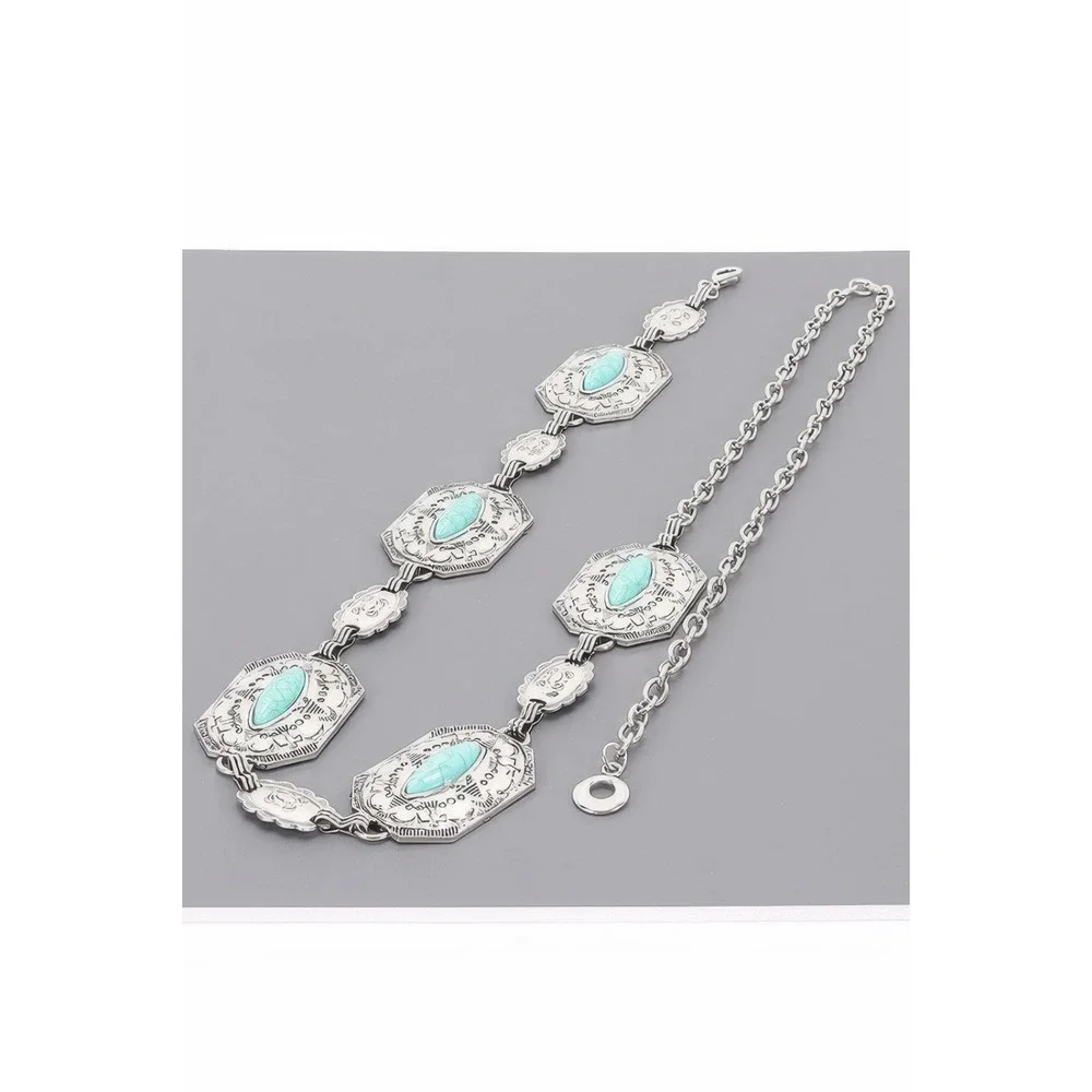 Concho Chain Belt Womens OS Silver Turquoise Excellent Western Boho